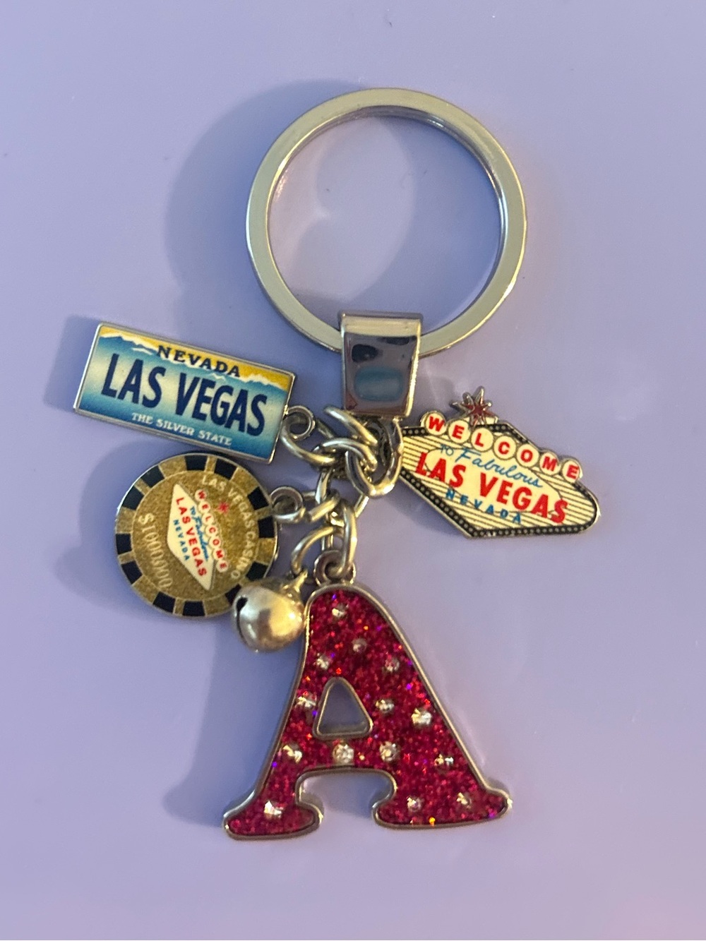 Las Vegas Charm Keychain with Red Gem Letter A